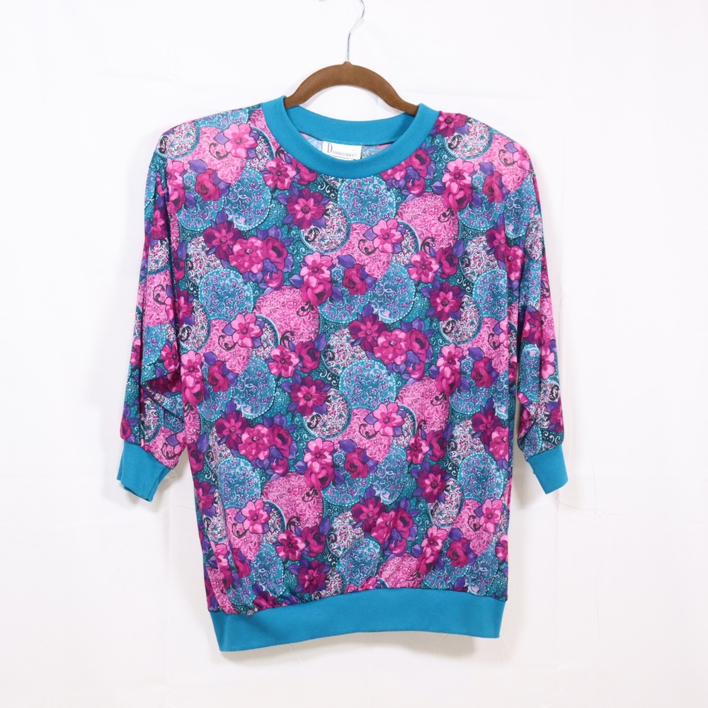 Donnkenny Floral Top Small Blue Women Vintage 3/4 Sleeve Blouse